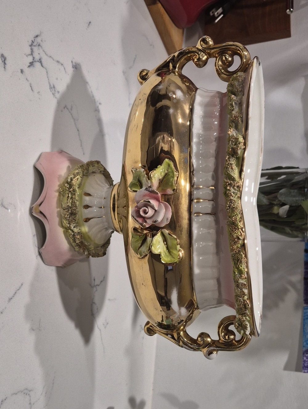 Vintage Italian Gilt Porcelain Centerpiece Bowl Capodimonte Style Hand Signed